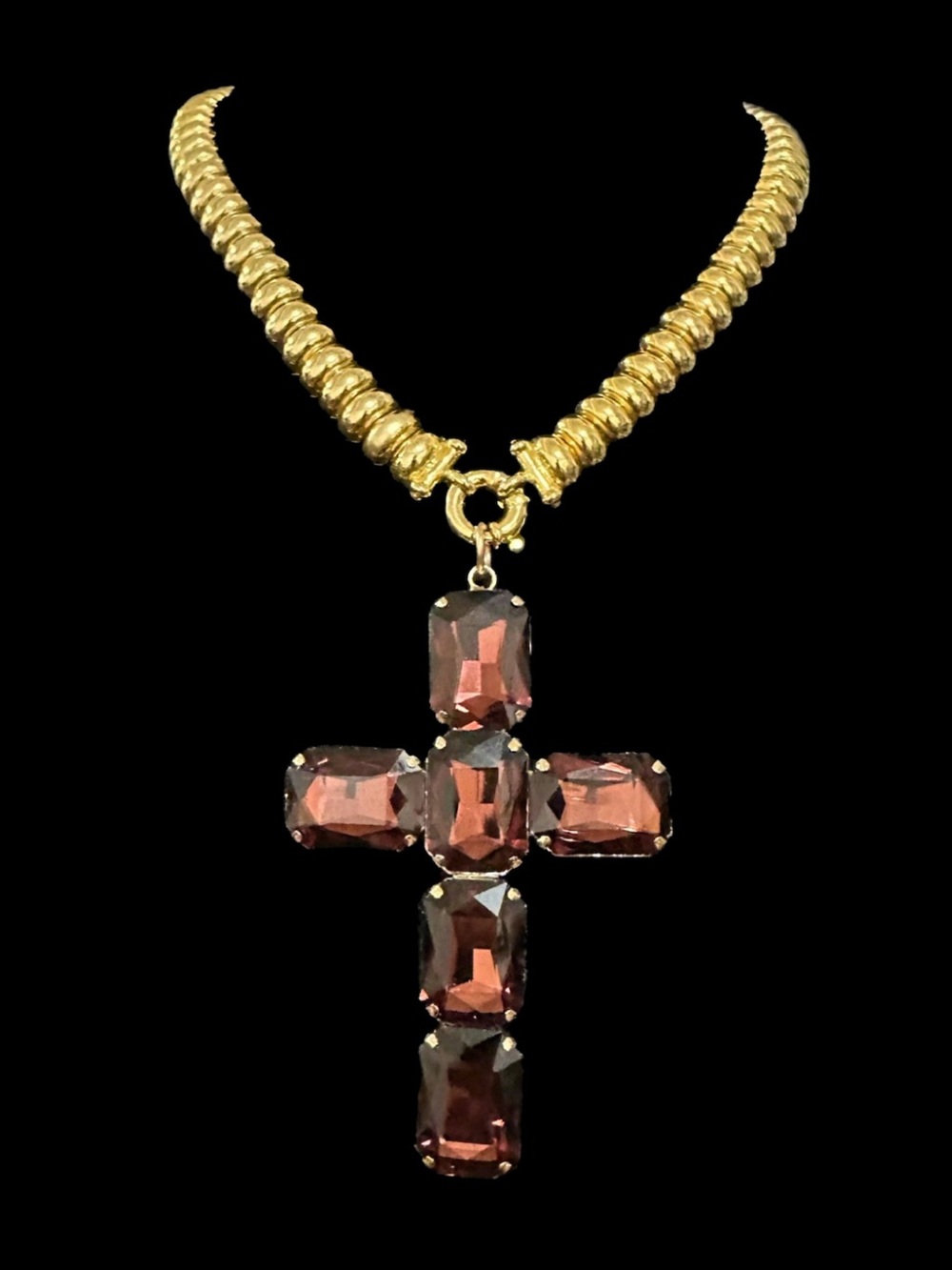 Gold Chain Necklace with Garnet-Colored Cross Pendant